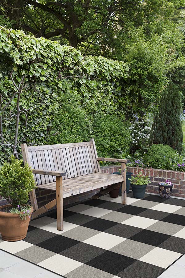 Gingham Plaid Black & White Outdoor Rug - Image 3