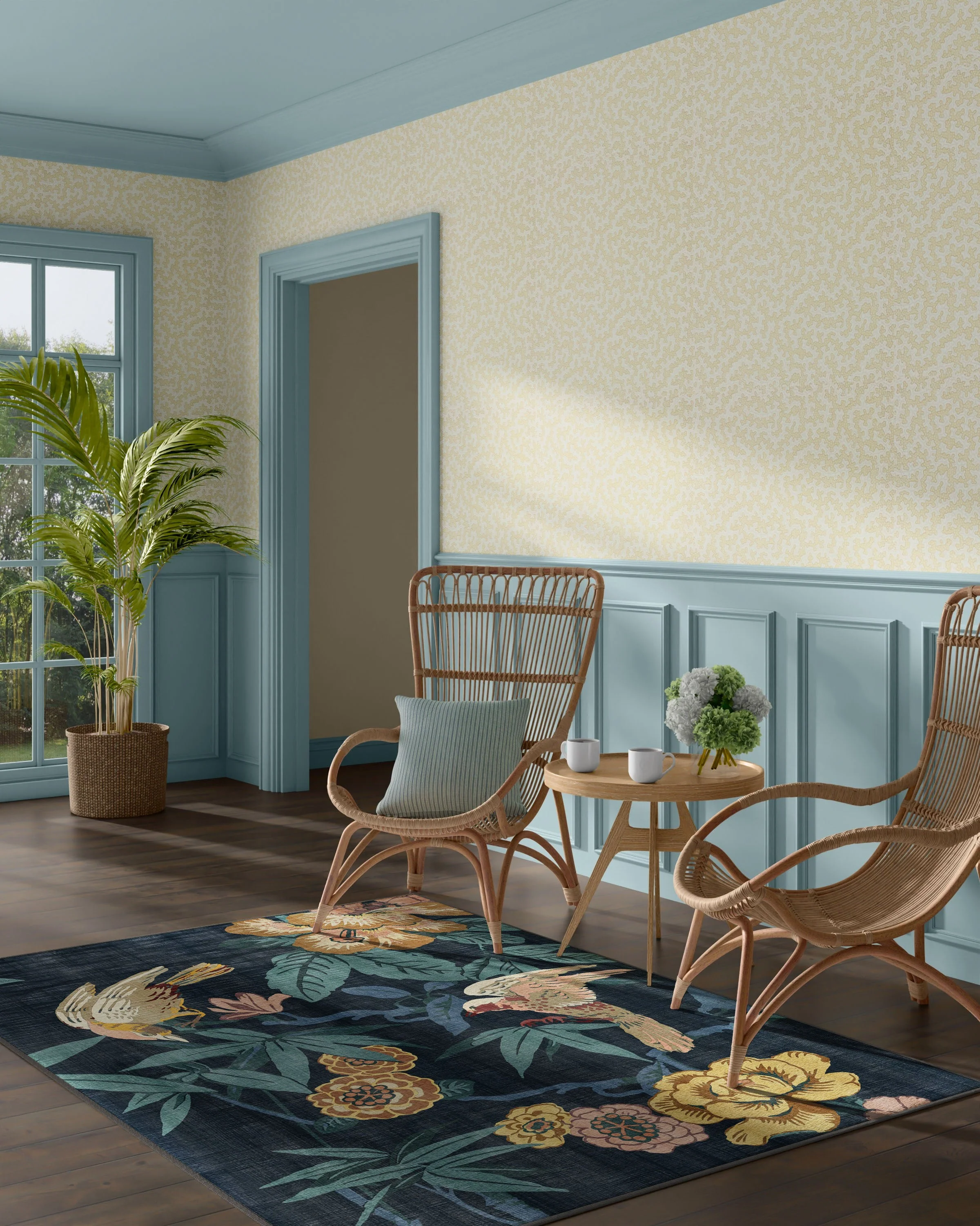 Bamboo & Bird Indigo Flatwoven Rug by Sanderson - Image 3
